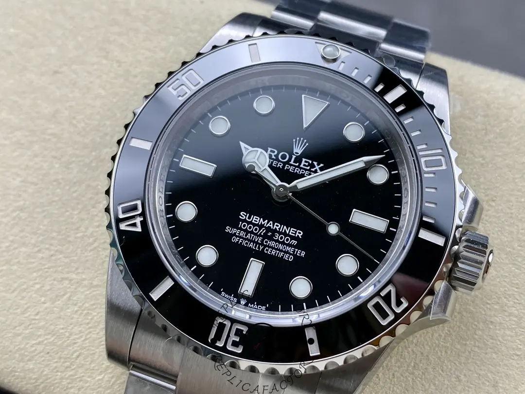Detailed view of Rolex Submariner 124060 ceramic bezel and brushed steel case.