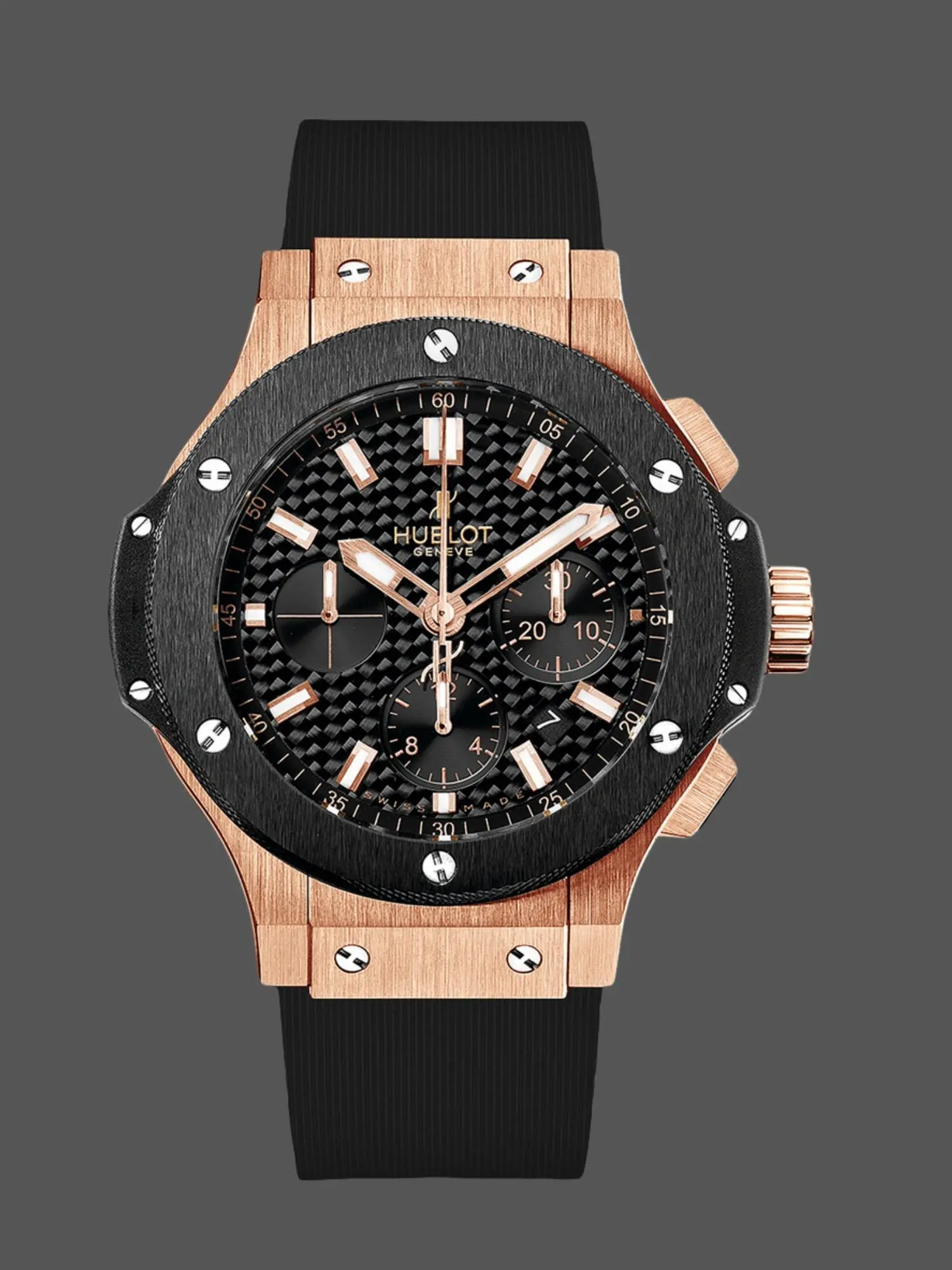 Front view of the Hublot Big Bang 301.PM.1780.RX showing black carbon dial and rose-gold case.