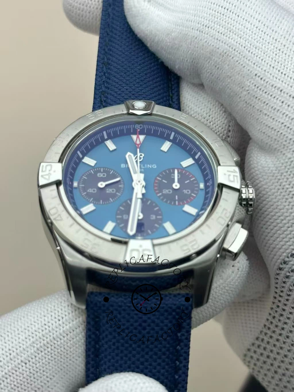 Front close-up of the Breitling Avenger B01 Chronograph 44 AB0147101C1X1 blue dial and bezel.