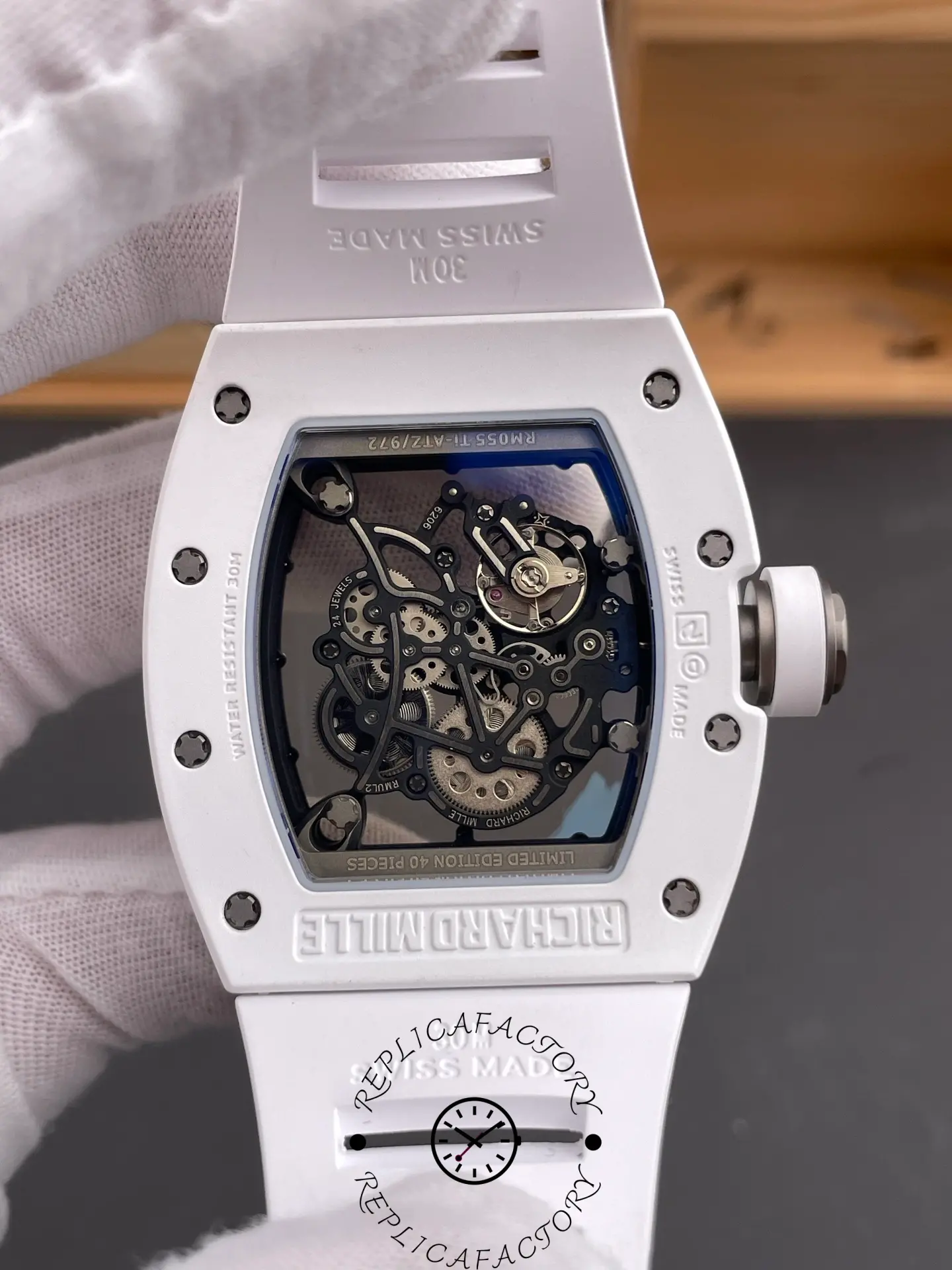 Caseback view of RM055 RMUL2 showing skeleton back and movement components.