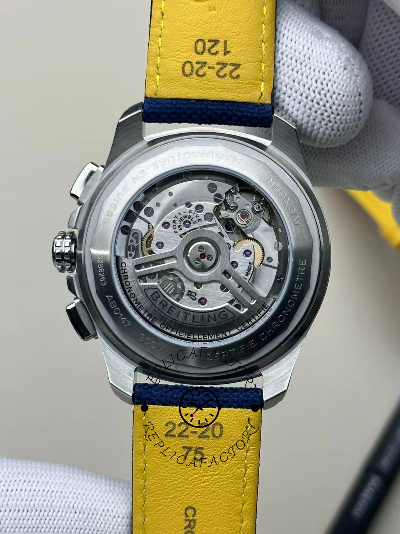Exhibition caseback of Breitling Avenger B01 Chronograph 44 AB0147101C1X1 showing movement.