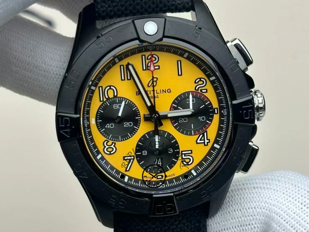 Detailed front shot of Breitling Avenger B01 Chronograph 44 Night Mission SB0147101I1X2 showing numerals and bezel. - Front view