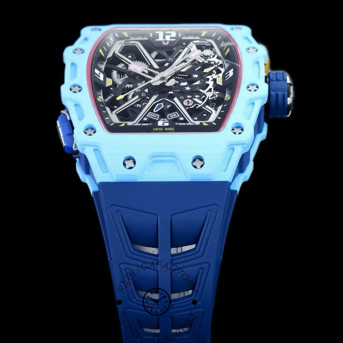 Low-angle shot of the Richard Mille RM35-03 focusing on the dial and blue strap.