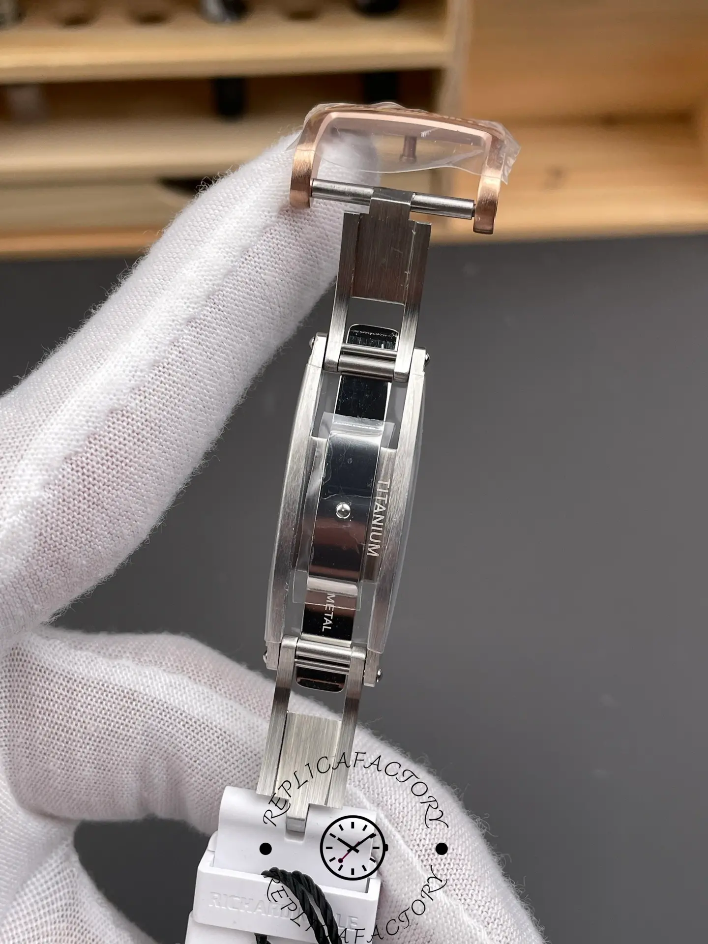 Close-up of Richard Mille RM07-01 deployant clasp in titanium.