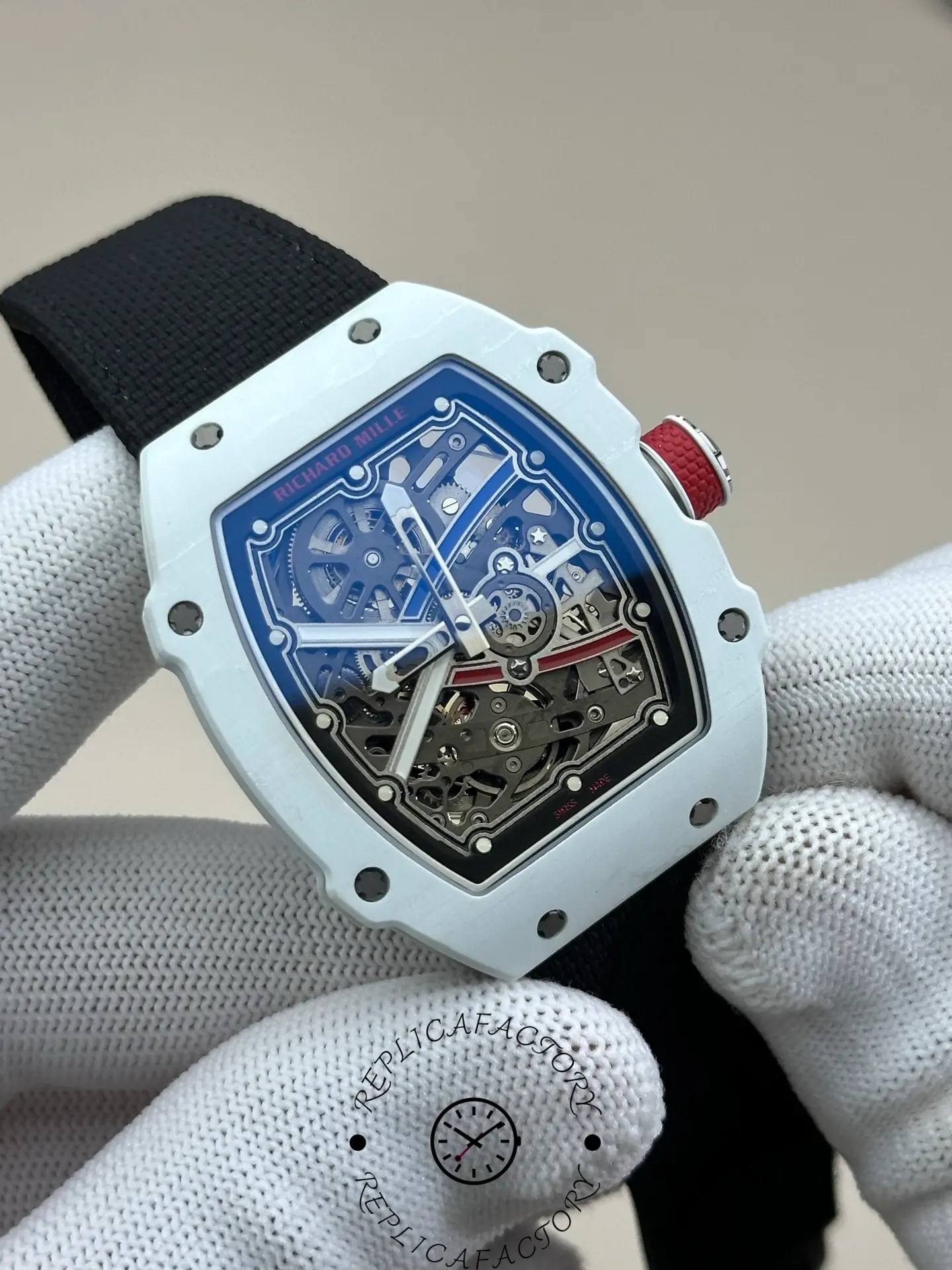 Angled front view of Richard Mille RM 67-02 highlighting the skeleton movement and red crown.
