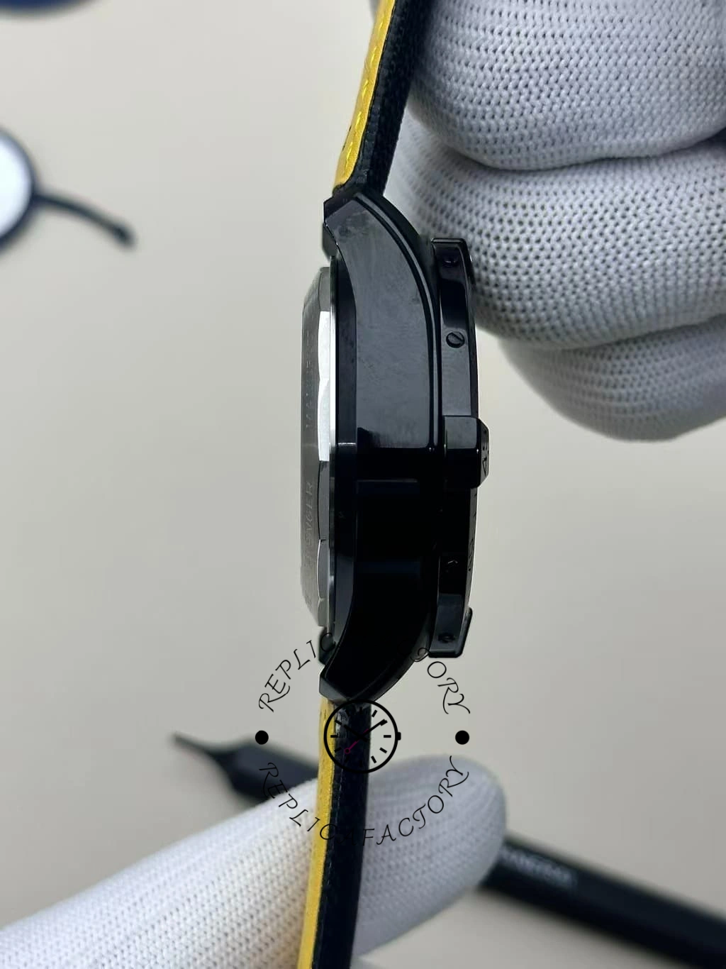 ide view of Breitling Avenger B01 Chronograph 44 Night Mission SB0147101I1X2 showing black case thickness.
