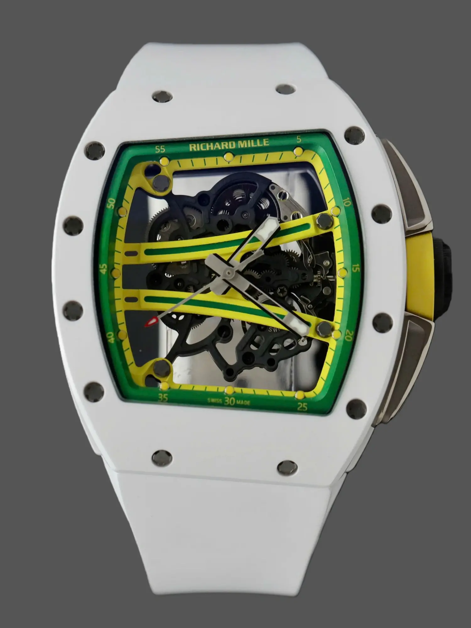 Front view of Richard Mille RM61-01 replica showing skeleton dial with green and yellow accents.
