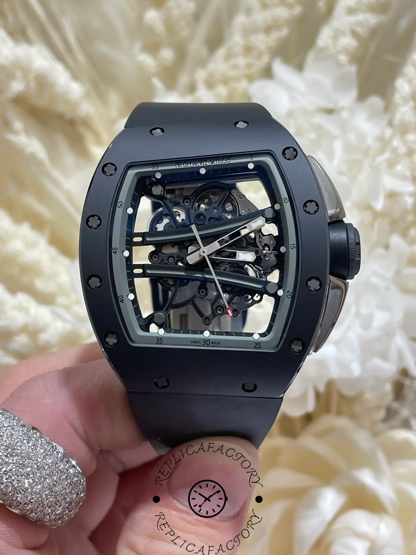 Front view of the Richard Mille RM61-01 showing the skeleton dial and ceramic case.