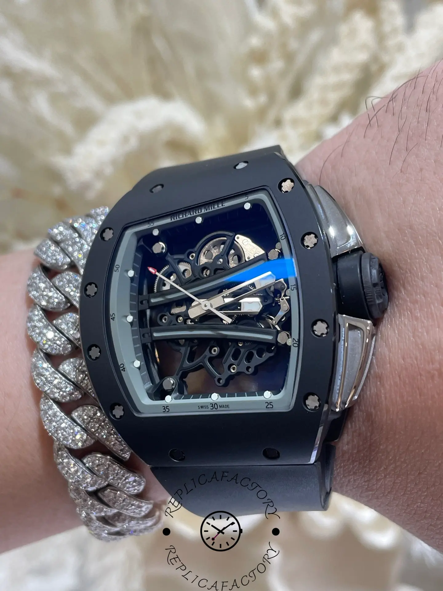 Wrist shot of the RM61-01 replica showing fit and dial visibility -2