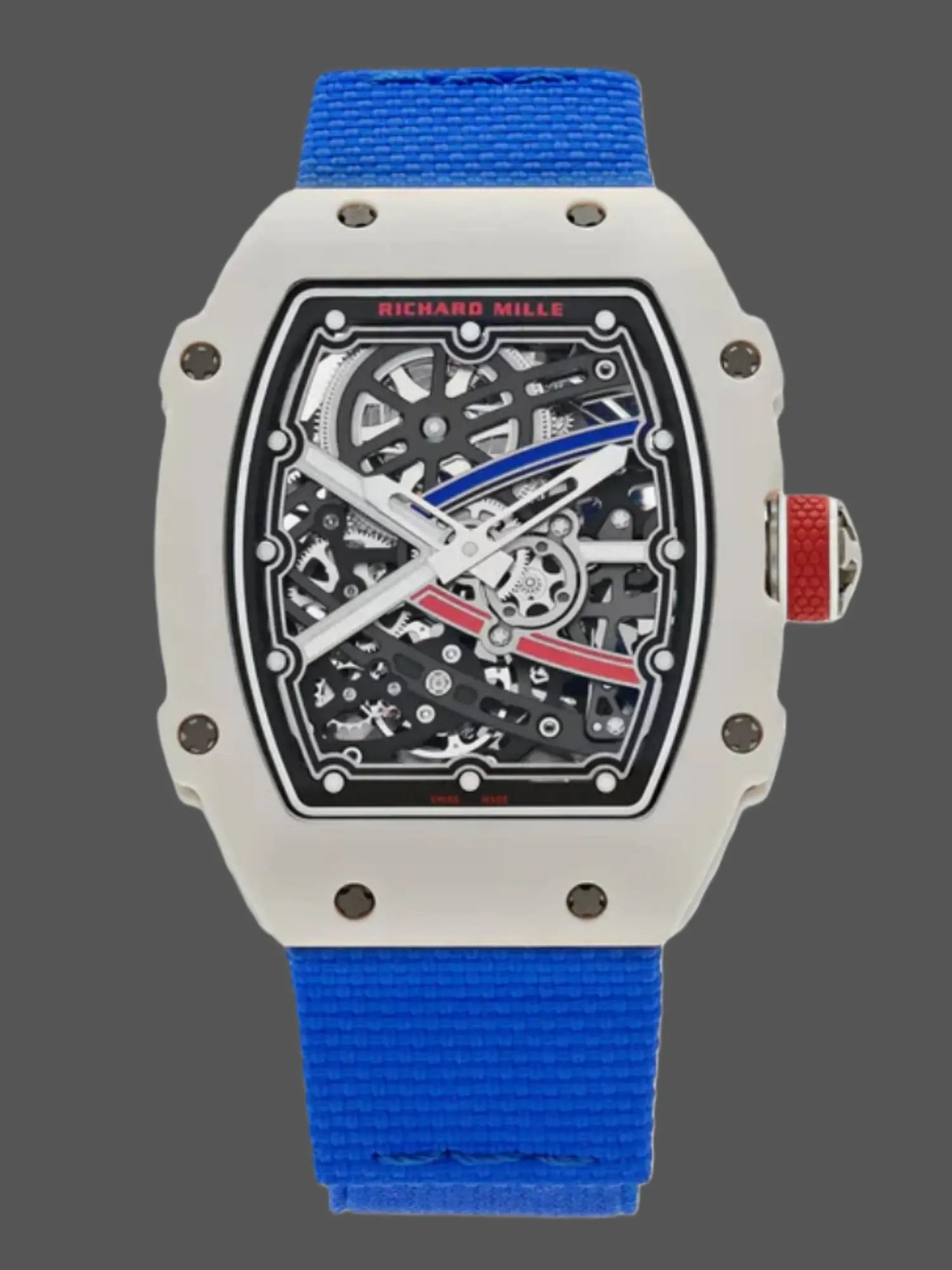 Front view of RM 67-02 Alexis Pinturault replica showing skeleton dial and blue strap.