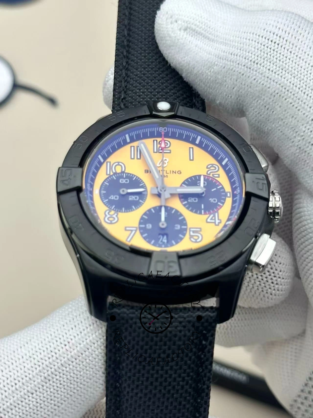 Close-up of Breitling Avenger B01 Chronograph 44 Night Mission SB0147101I1X2 with yellow dial and black subdials.