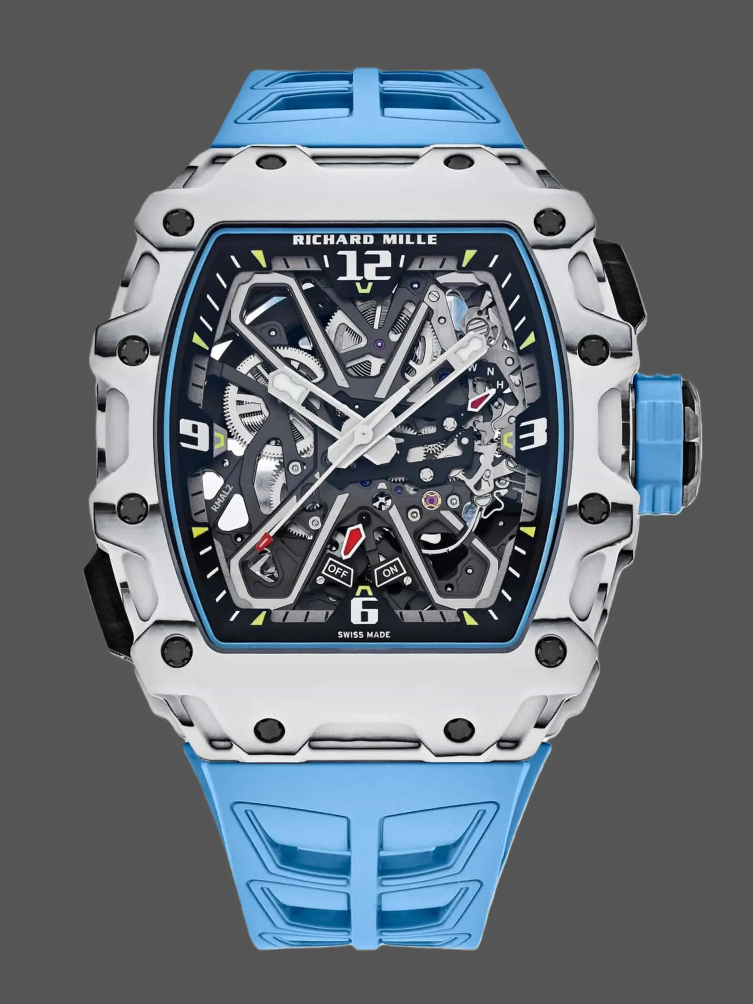 Front view of the Richard Mille RM 35-03 showing skeleton dial and white Quartz TPT case with blue strap.