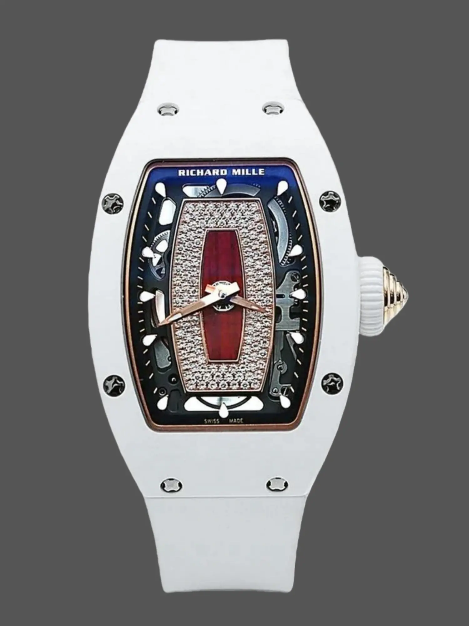 Front view of Richard Mille RM07-01 with white case, diamond-set dial and white strap.
