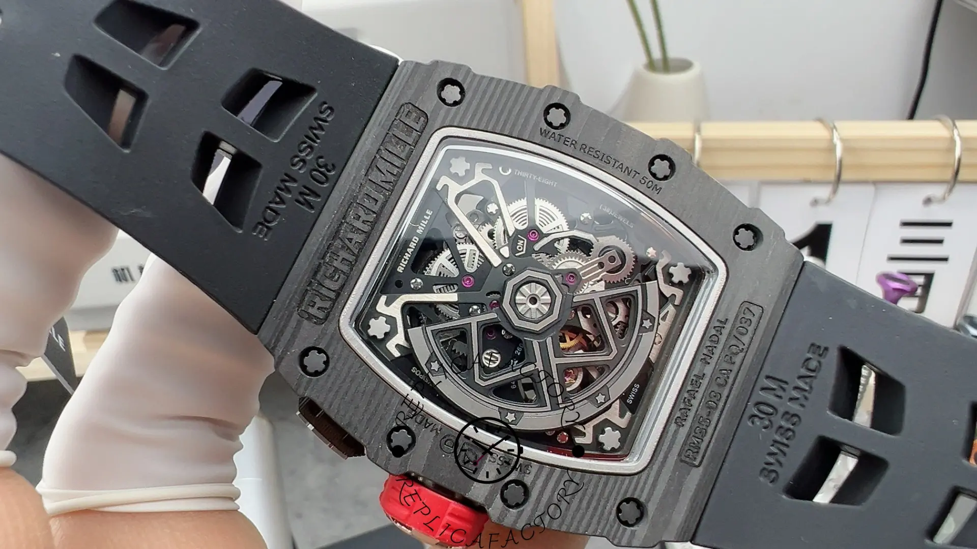 Back view of RM35-03 showing skeleton automatic movement and rotor.