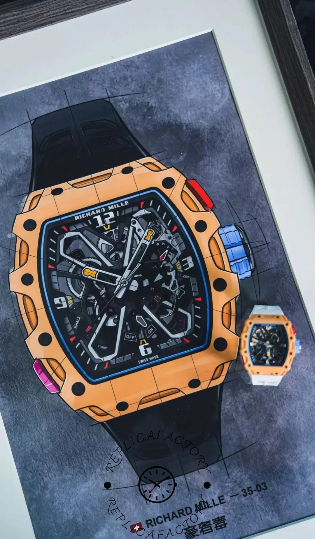 Illustration of Richard Mille RM35-03 orange bezel with actual watch beside artwork.