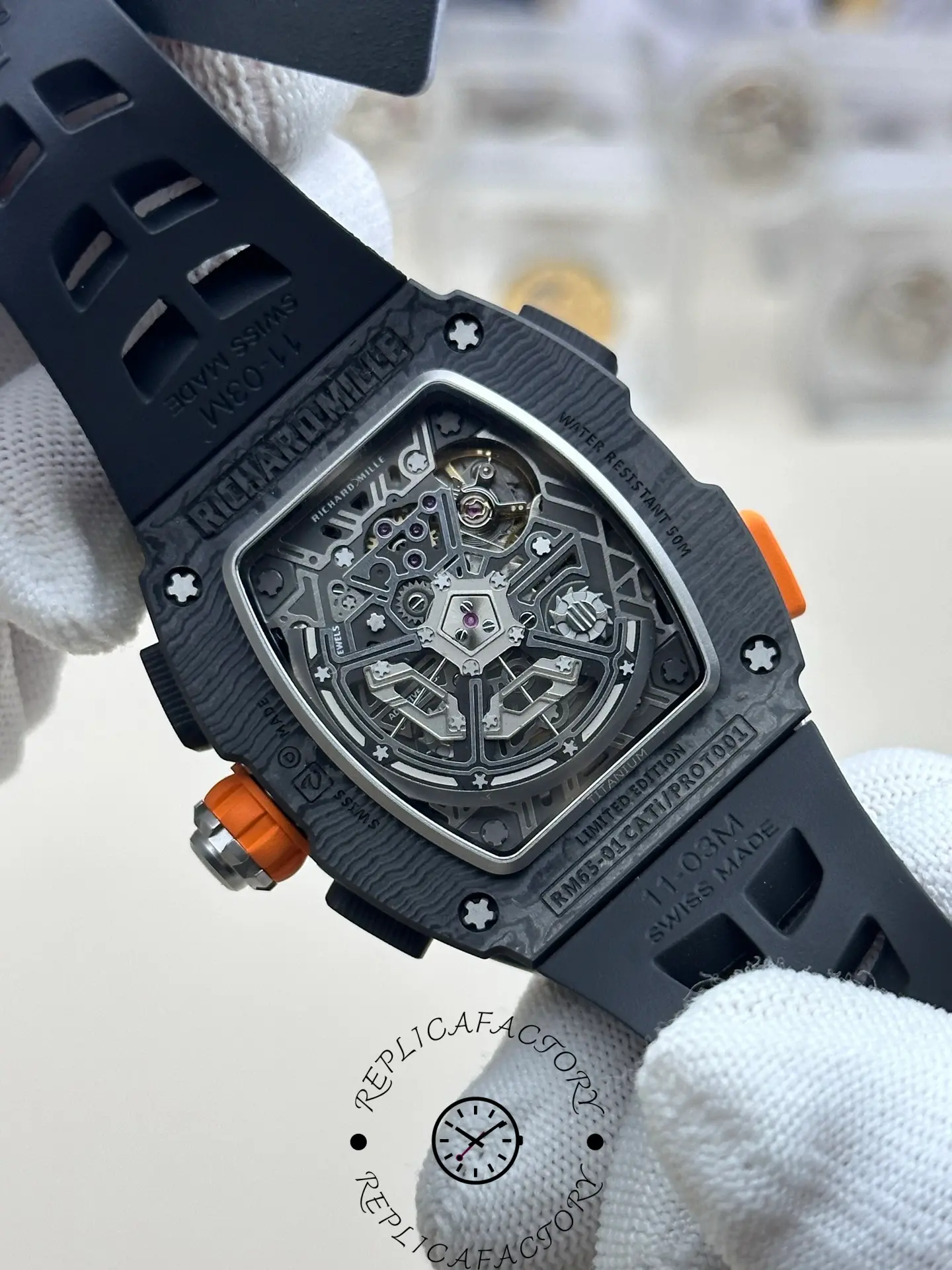 Back view of RM 65-01 replica displaying skeleton movement through sapphire caseback.