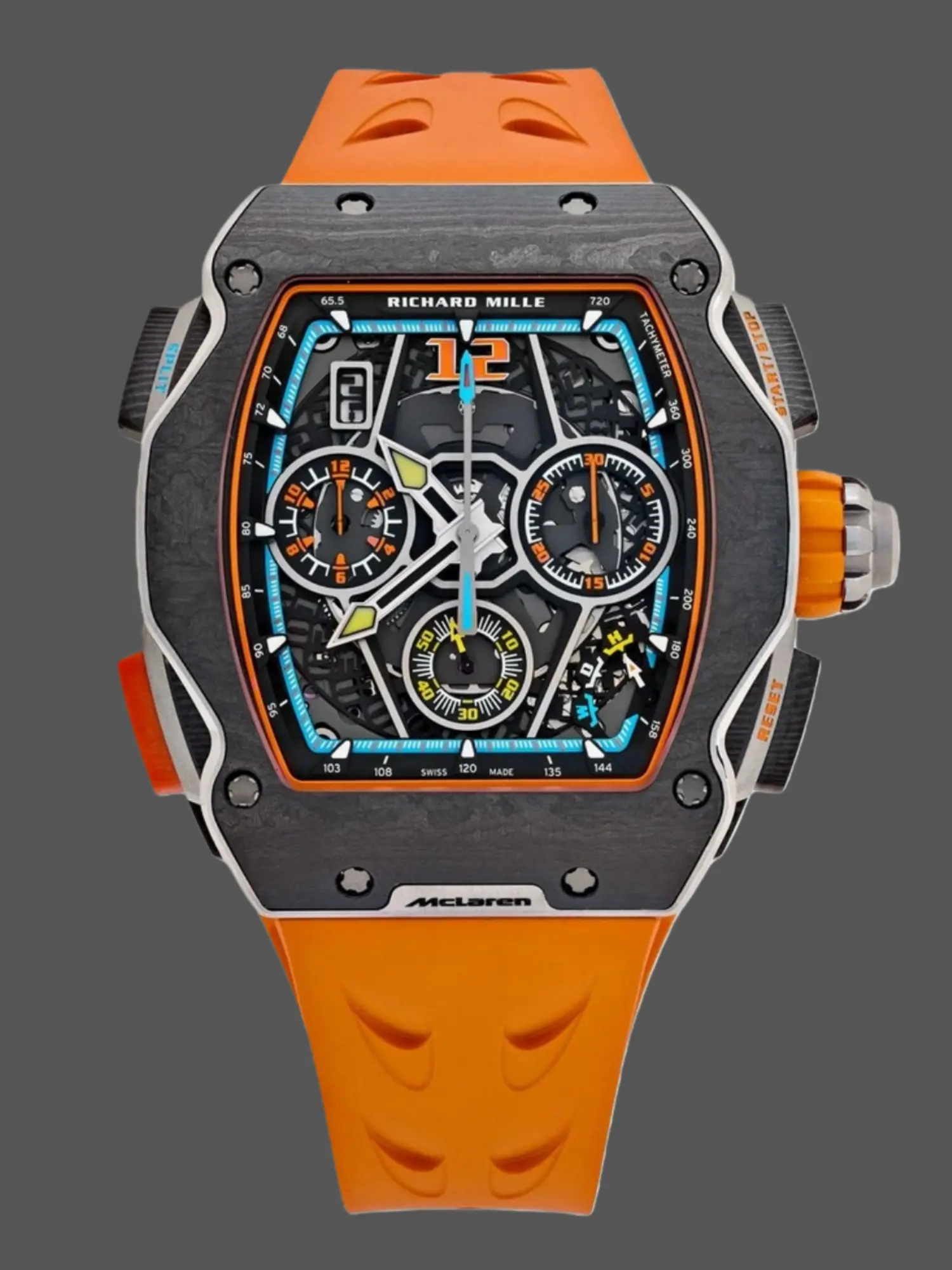 Front view of the Richard Mille RM 65-01 replica showing skeleton dial and orange strap.