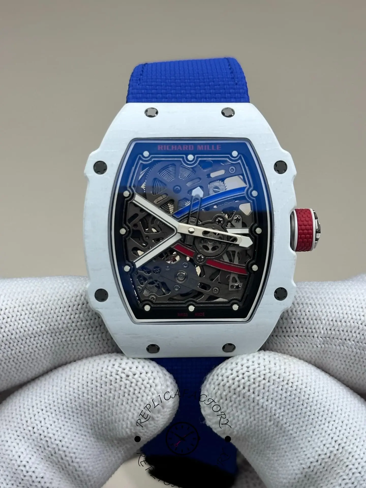Close-up front shot of RM 67-02 Alexis Pinturault replica with white Quartz TPT case.