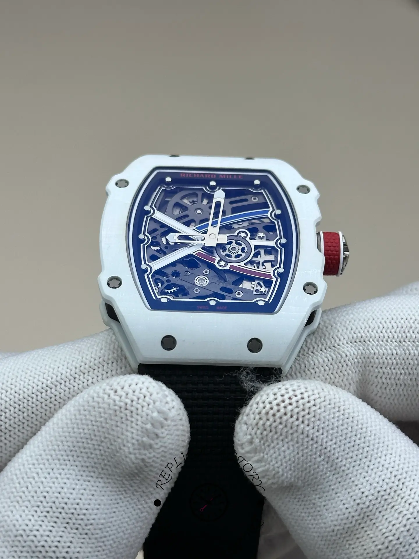 Close front view of Richard Mille RM 67-02 highlighting hands and detailed skeleton mechanics.