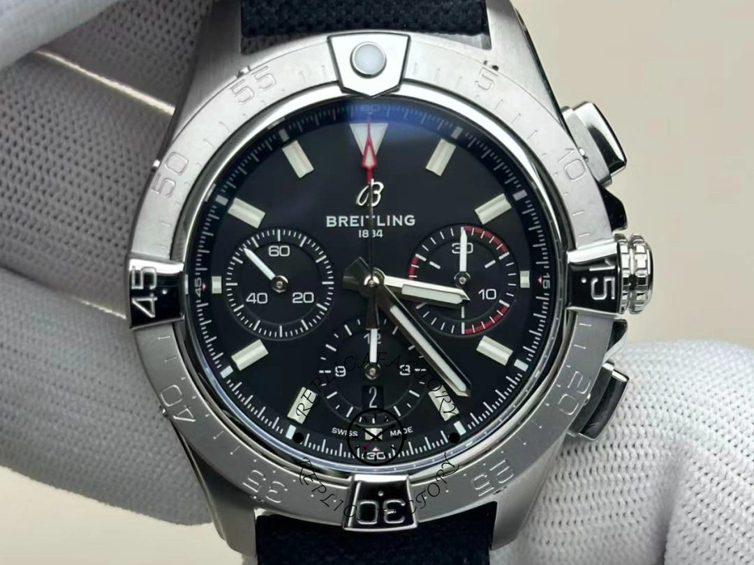 Front view of the Breitling Avenger B01 AB0146101B1X1 with black dial and chronograph subdials. - Front view