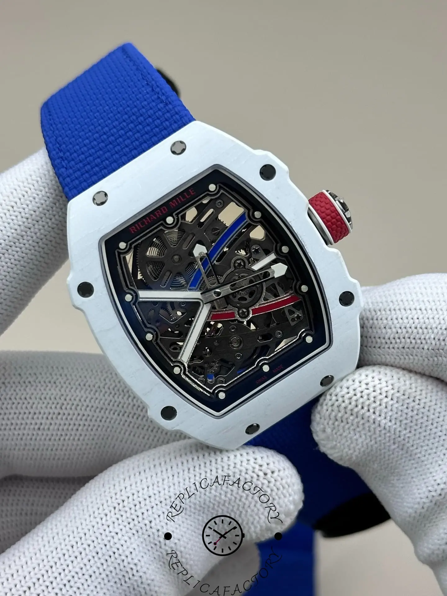 Angled view of RM 67-02 Alexis Pinturault replica highlighting skeleton movement.