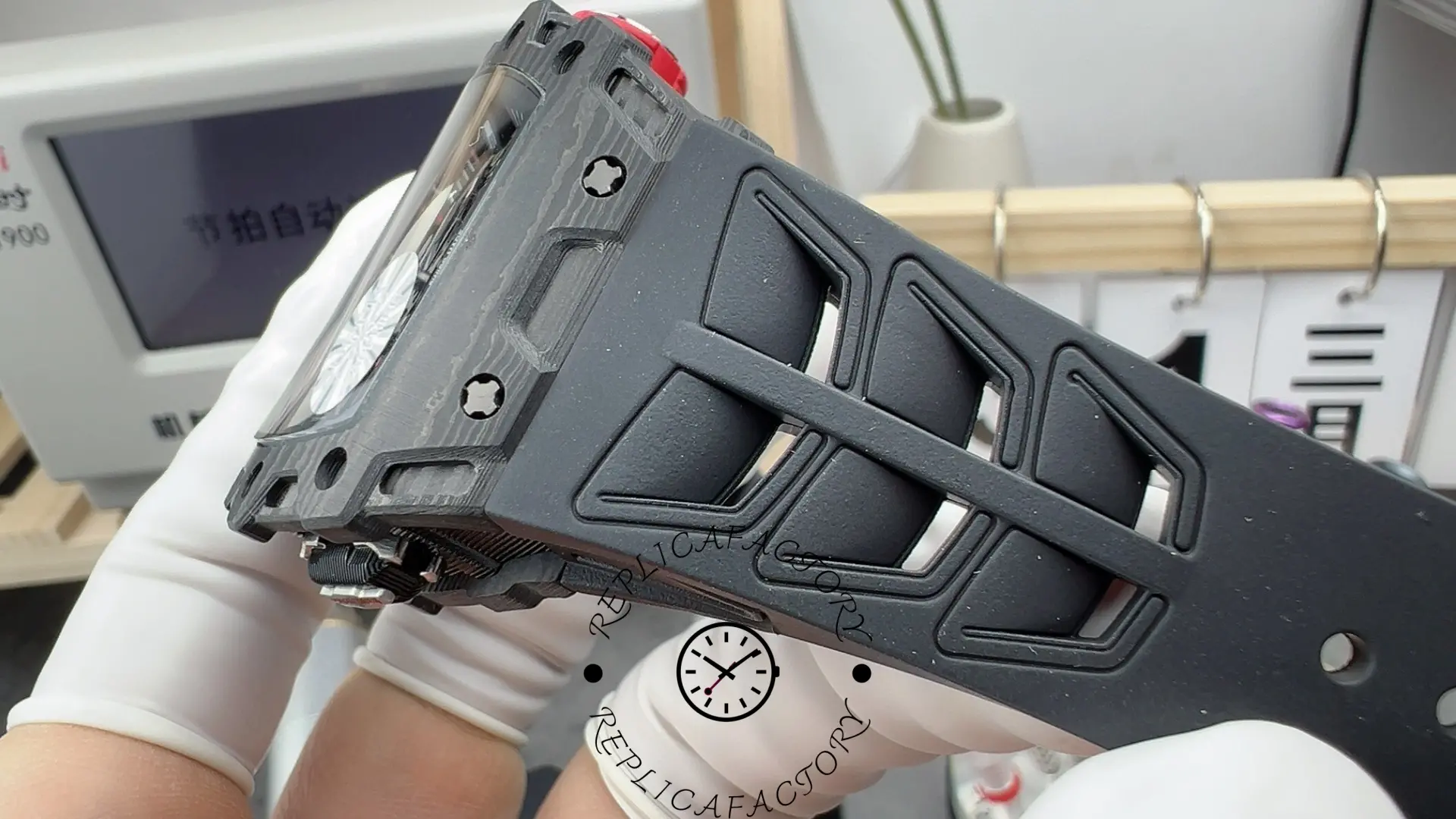 Detailed view of RM35-03 rubber strap design and case transition.