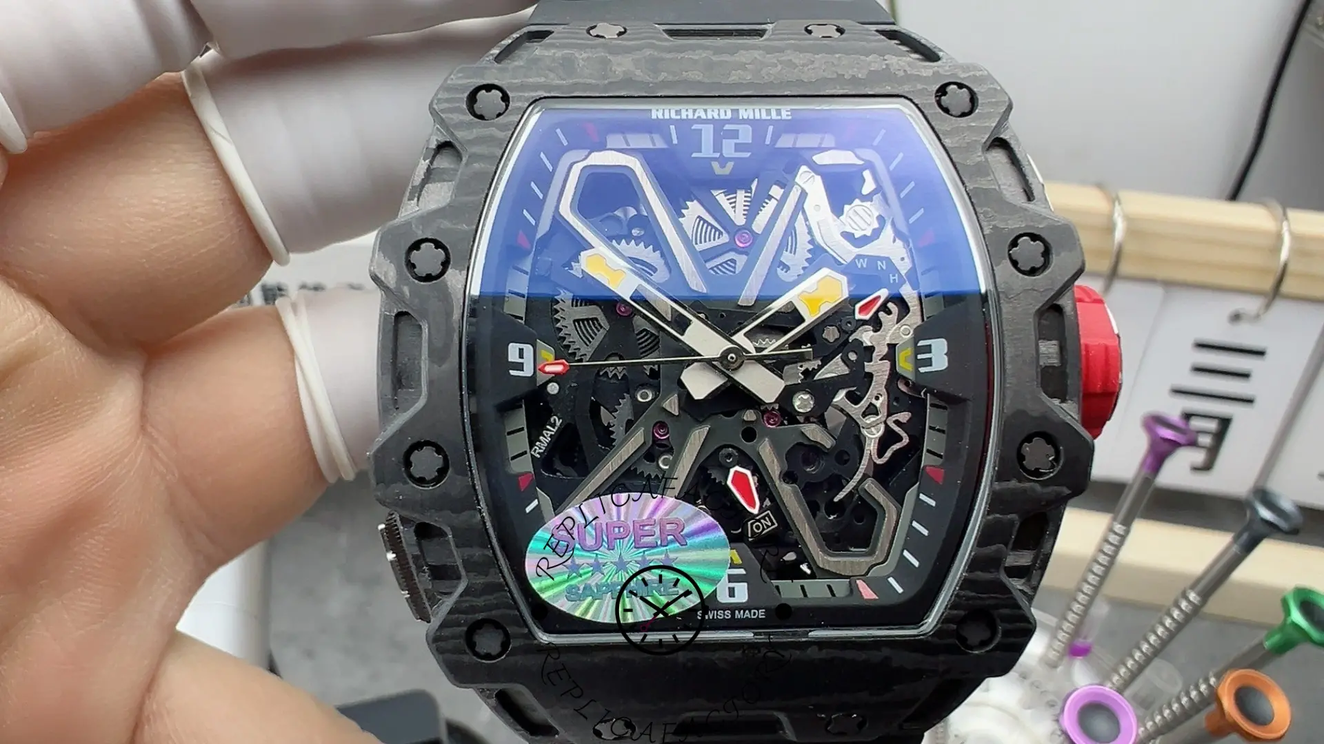 Close-up of the RM35-03 skeleton dial with carbon TPT case details.