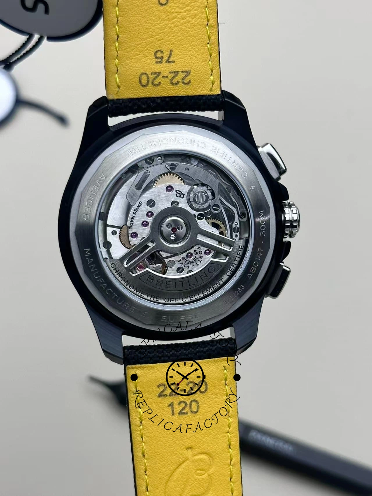 Exhibition caseback of Breitling Avenger B01 Chronograph 44 Night Mission SB0147101I1X2 showing B01 movement.