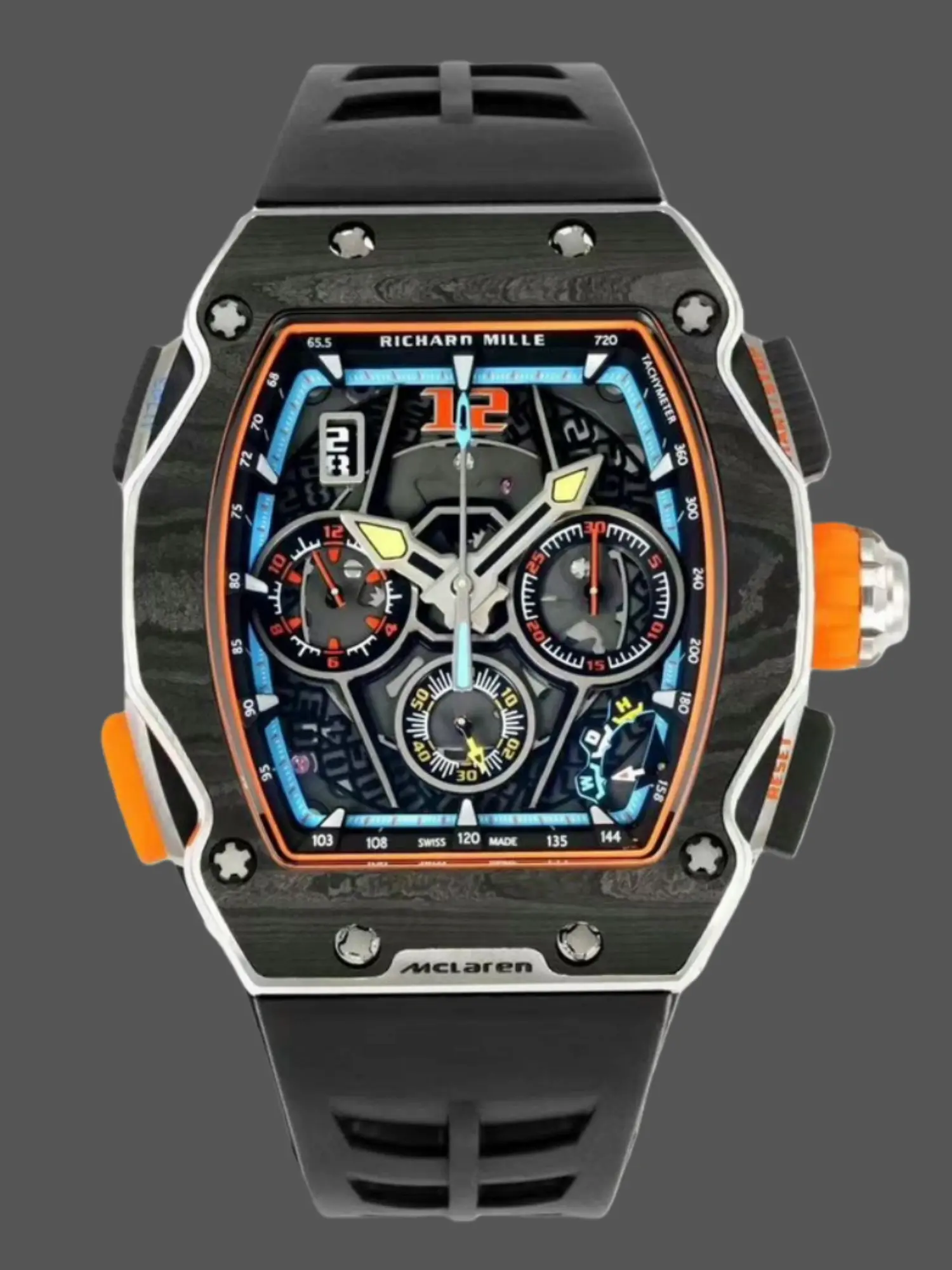 Front view of Richard Mille RM 65-01 replica showing skeleton dial and orange accents.