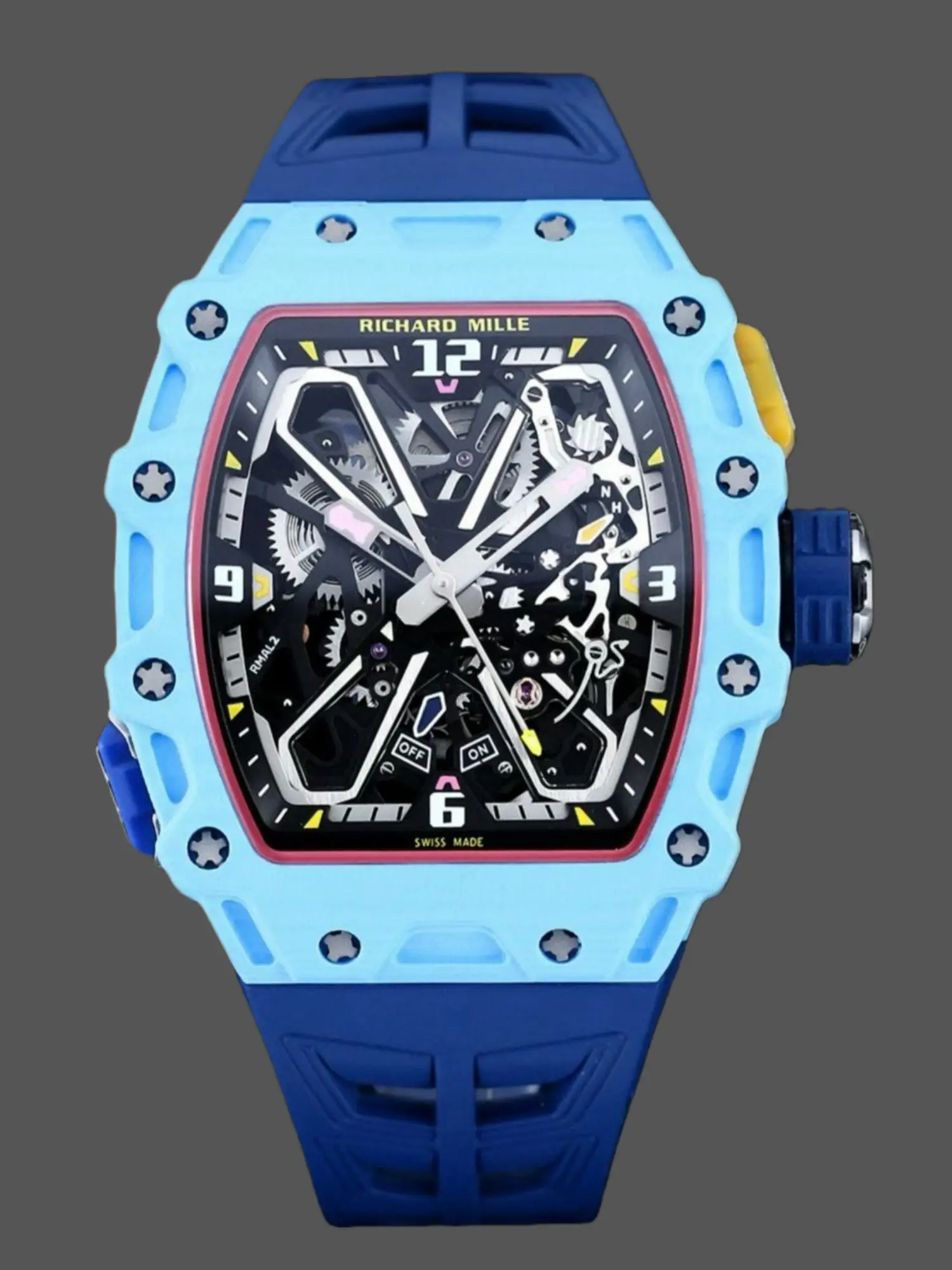 Front view of the Richard Mille RM35-03 showing the skeleton dial and blue case.