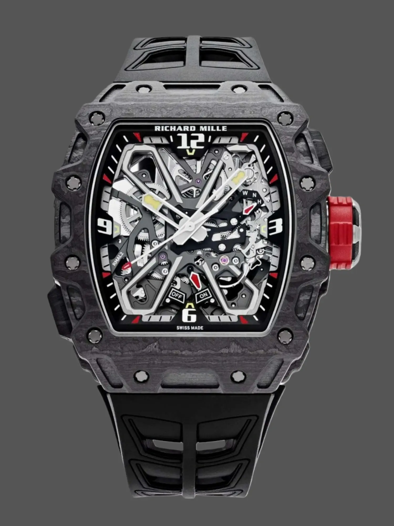 Front view of the Richard Mille RM35-03 1:1 clone with carbon case and skeleton dial.