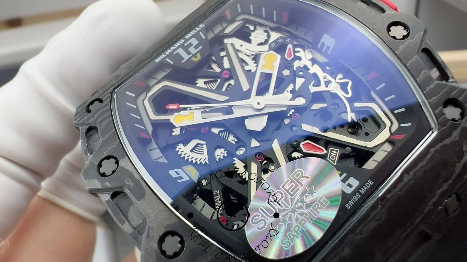 Angled look at RM35-03 showing open-worked dial and carbon bezel.