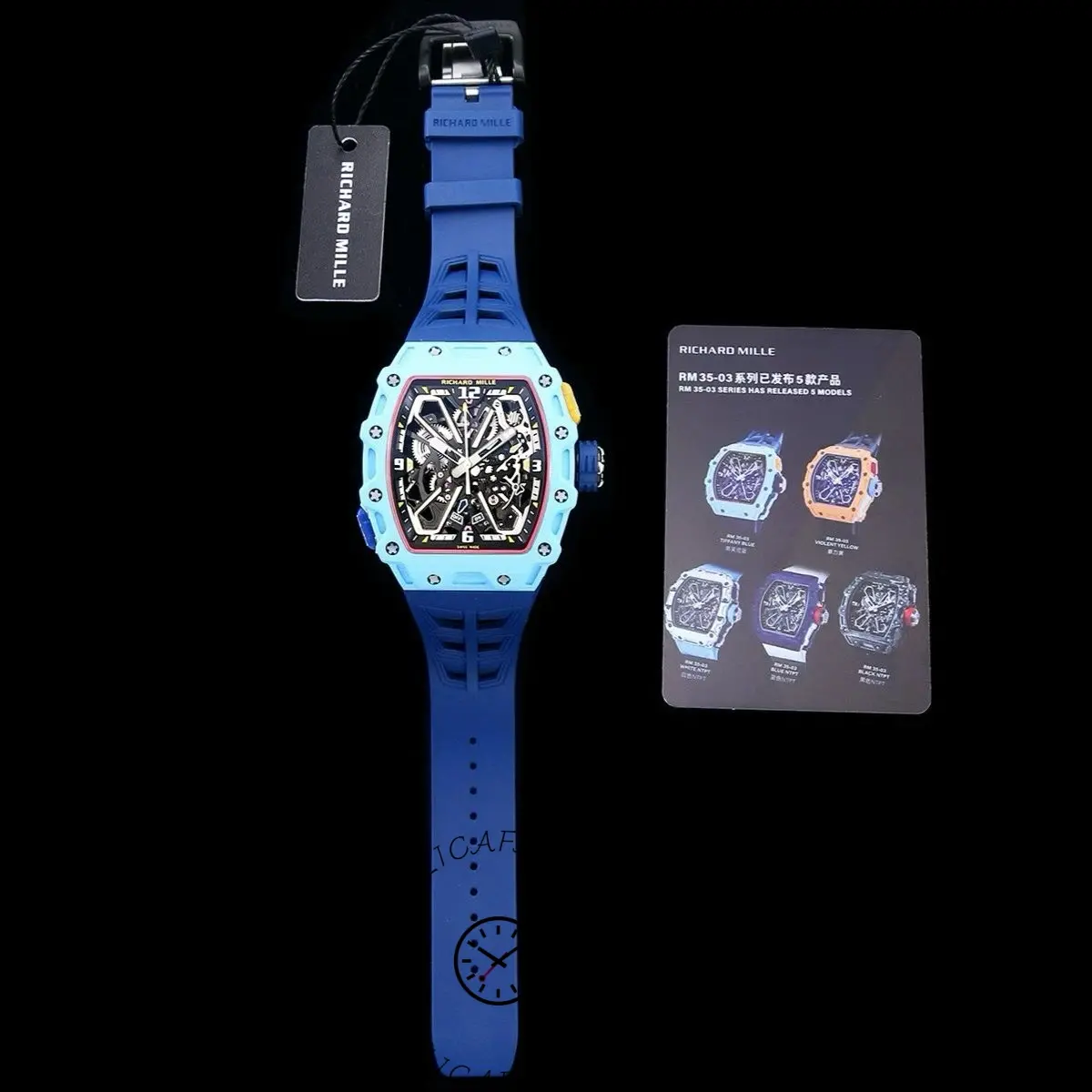 Full set view of the Richard Mille RM35-03 with strap and model card.