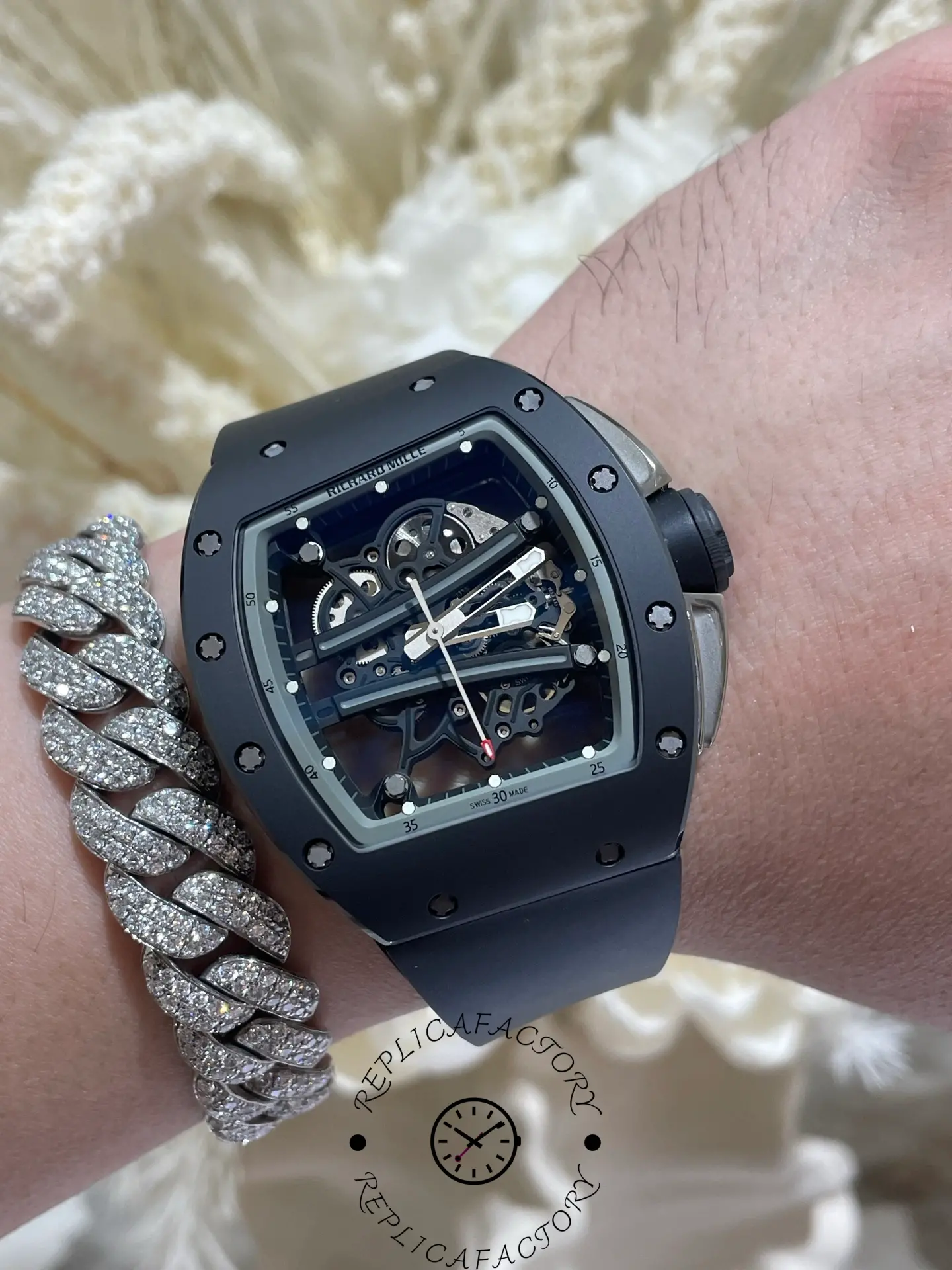 Wrist shot of the RM61-01 replica showing fit and dial visibility.