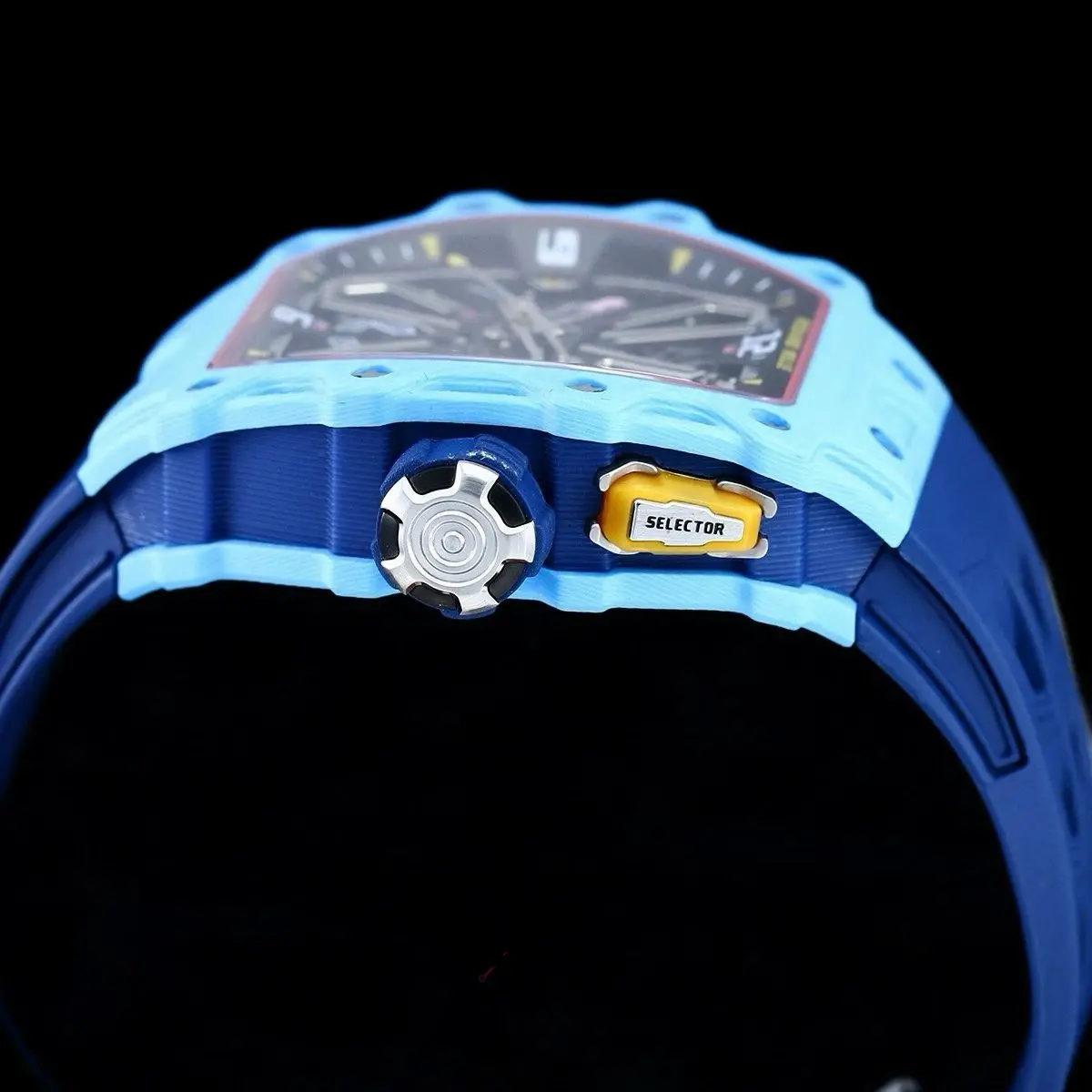 Side view of the Richard Mille RM35-03 showing crown and yellow selector button.