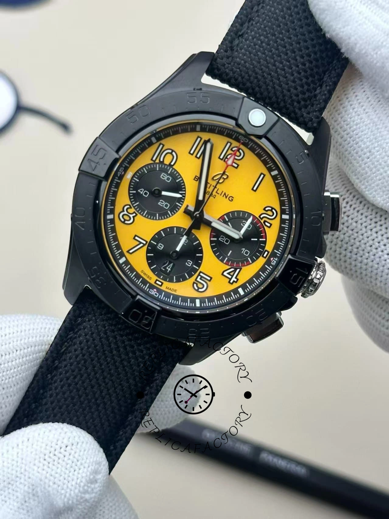 Front view of Breitling Avenger B01 Chronograph 44 Night Mission SB0147101I1X2 showing yellow dial and black case.