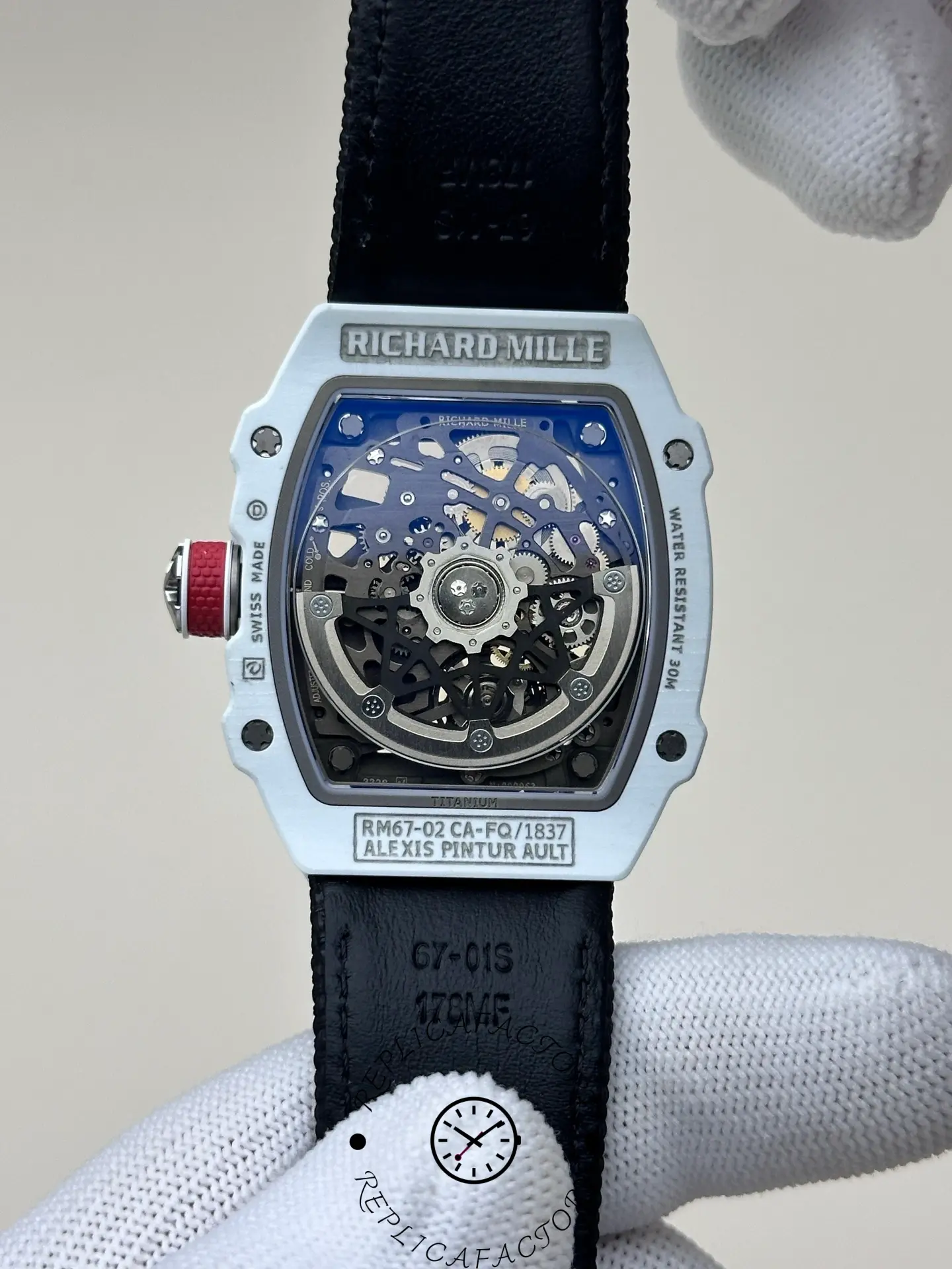 Case back view of Richard Mille RM 67-02 showing skeleton rotor and model engravings.