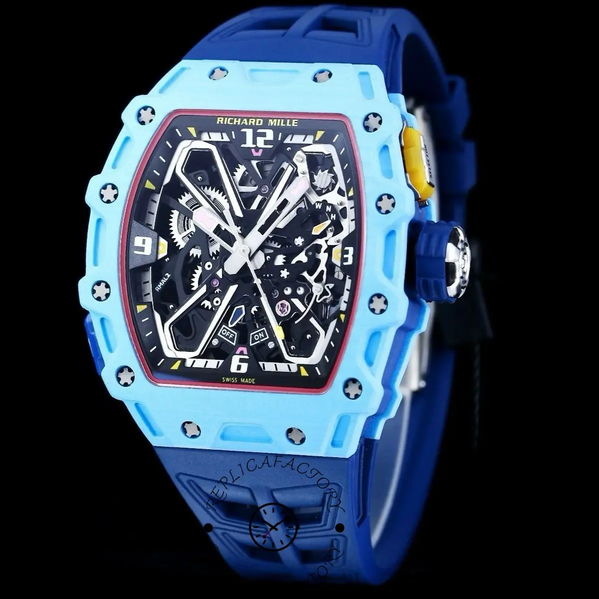 Angled view of the Richard Mille RM35-03 highlighting the blue case and skeleton movement.