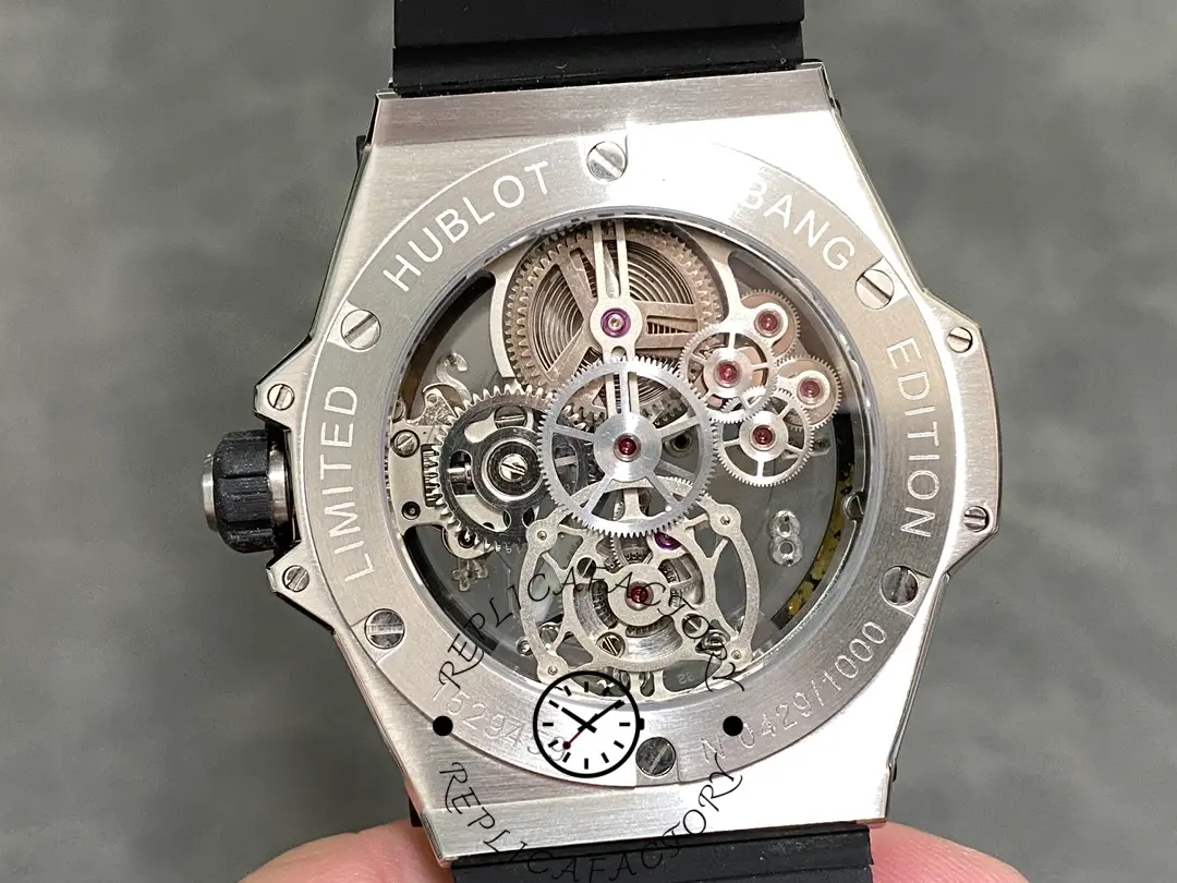 Back view of Hublot Big Bang Tourbillon 45mm replica showing skeleton movement.