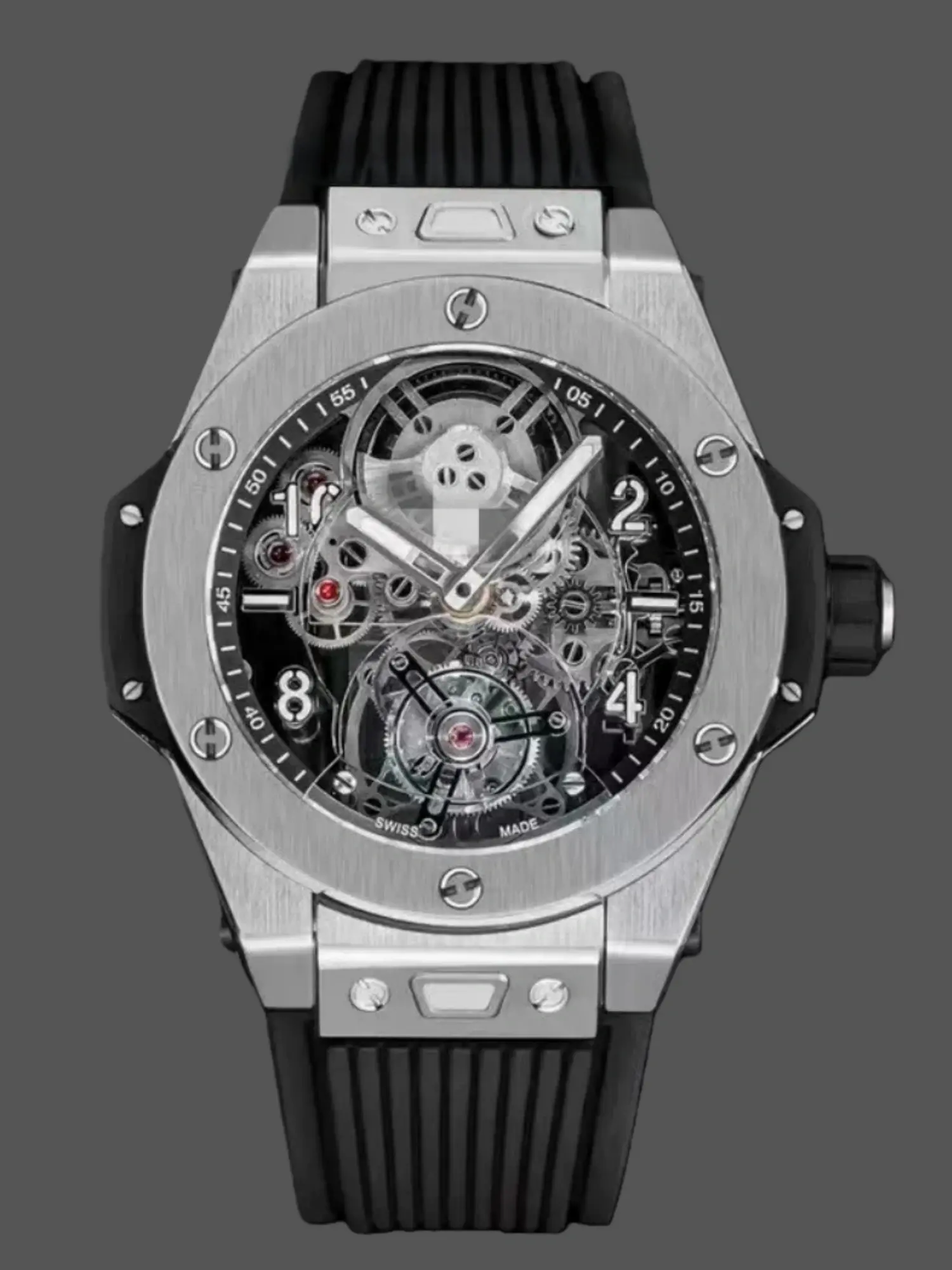Front view of Hublot Big Bang Tourbillon 45mm replica showing full skeleton dial and steel bezel.
