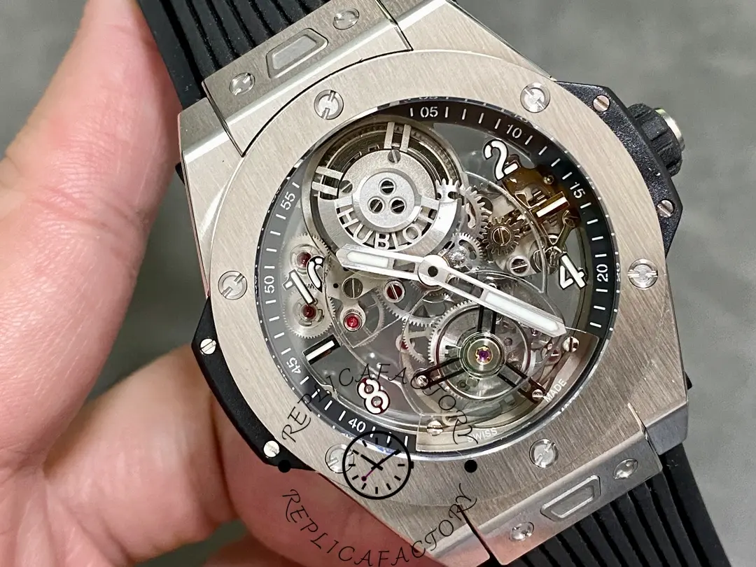 Angled front view of Hublot Big Bang Tourbillon 45mm replica with visible mechanical layers.