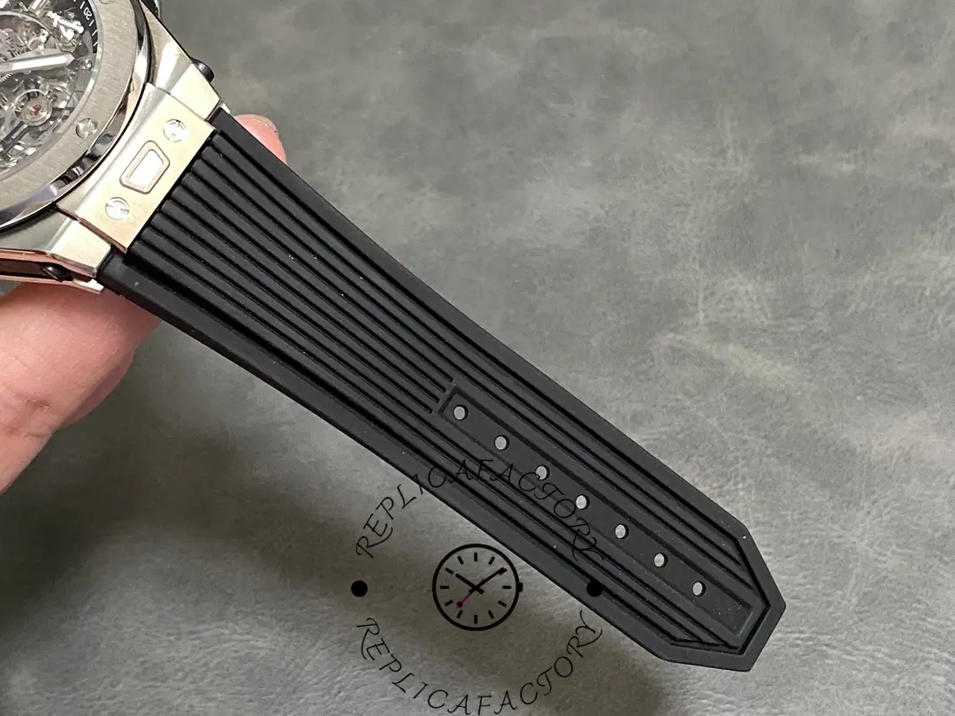 Rubber strap close-up of Hublot Big Bang Tourbillon 45mm replica with textured design.