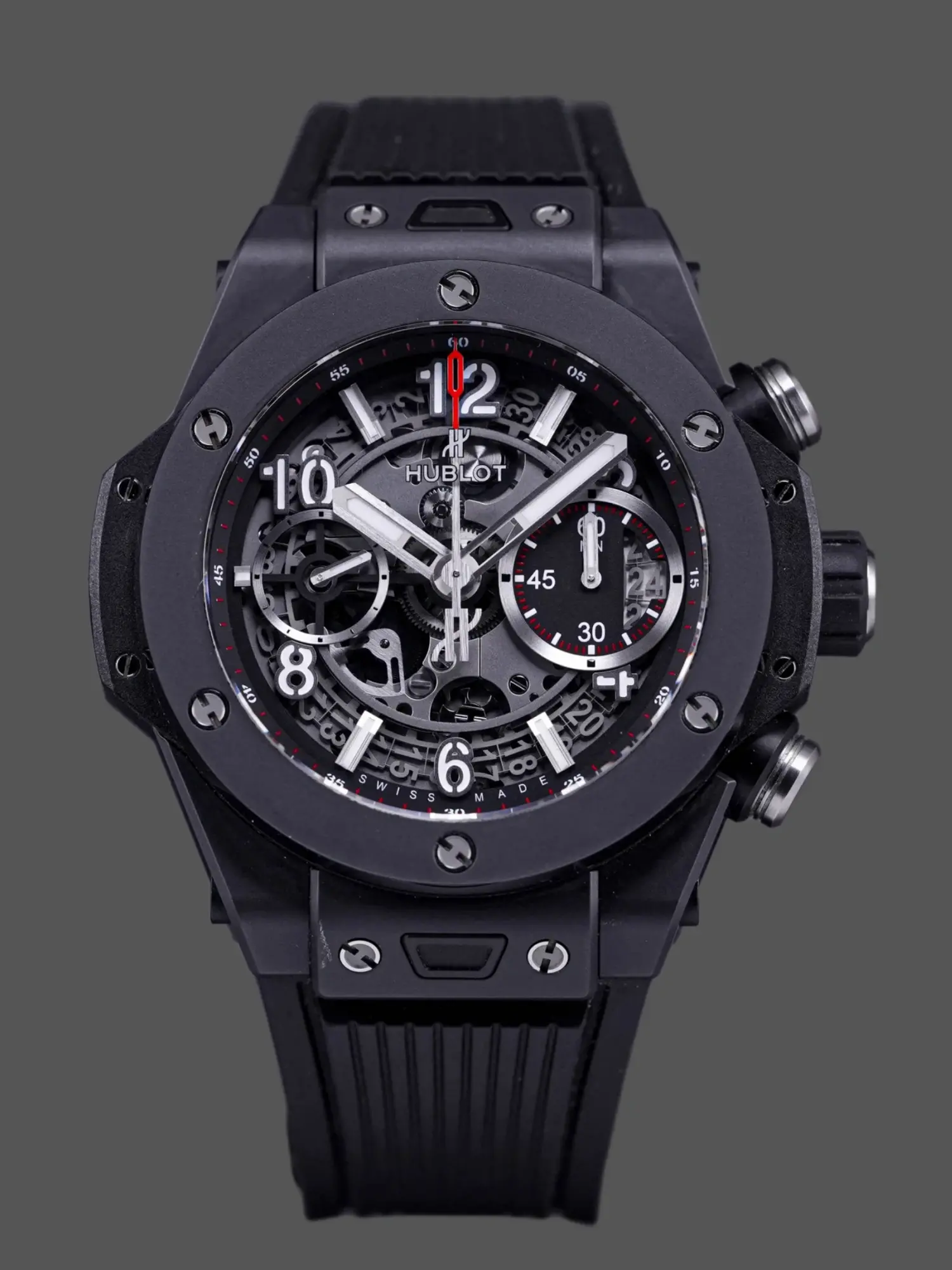 Front view of Hublot Big Bang Unico 441.CI.1170.RX showing skeleton dial and ceramic bezel.