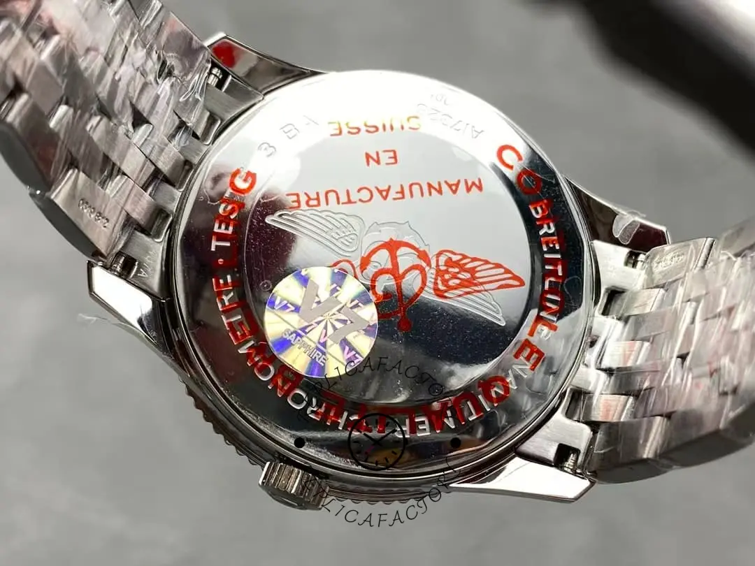 Caseback view of the Breitling Navitimer A17325241B1A1 showing engraved logo and certification markings.