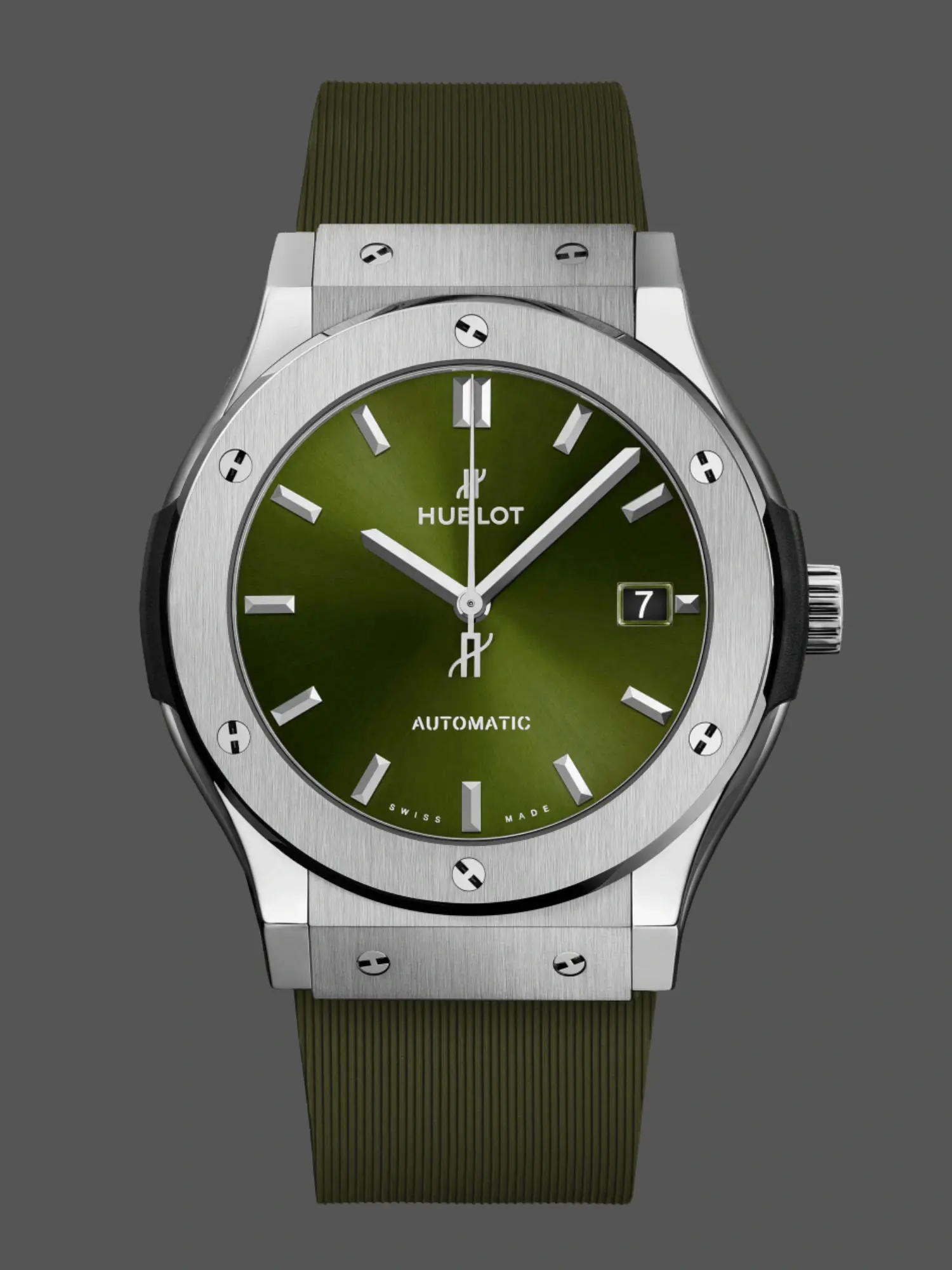 Front view of Hublot Classic Fusion 542.NX.8970.RX showing green dial and titanium case.