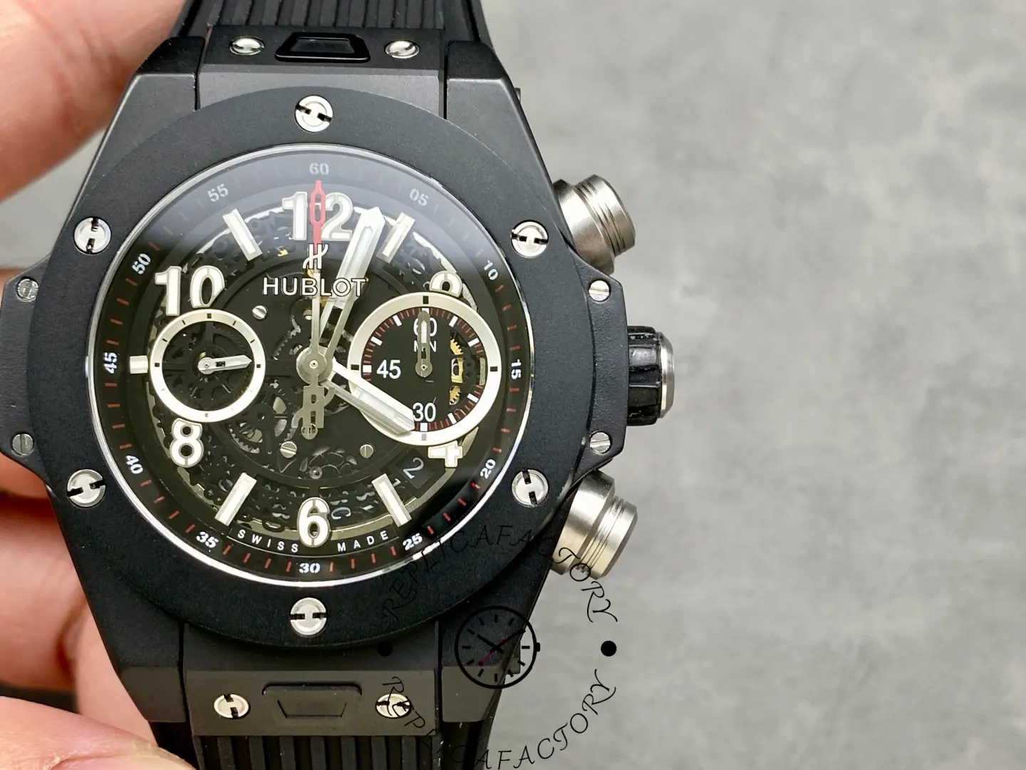 Close-up of Hublot 441.CI.1170.RX showing chronograph subdials and lume markers.