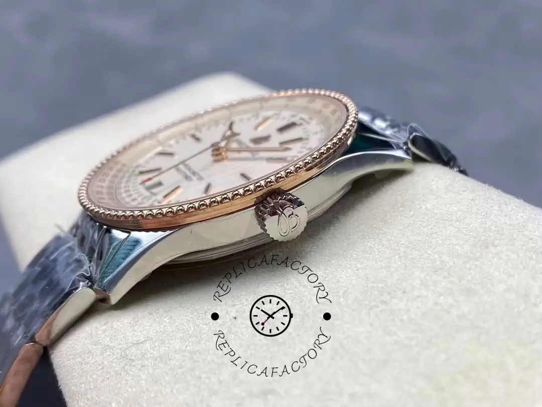 Side view of the Breitling Navitimer 41 U17326211G1A1 showing crown with “B” logo and rose-gold bezel.