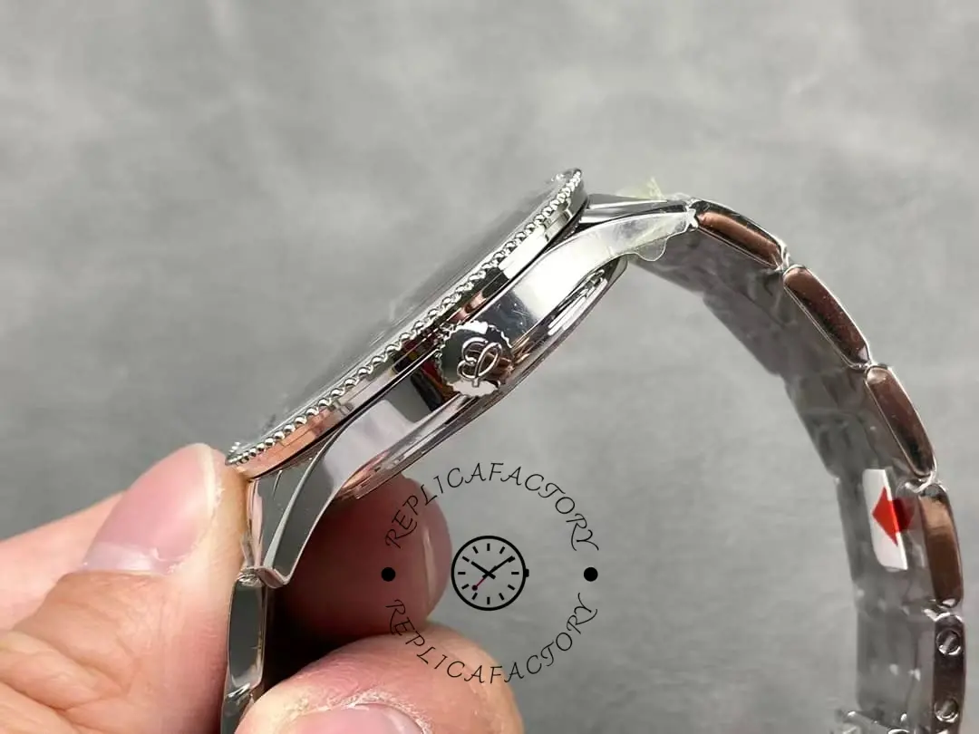 Side view of the Breitling Navitimer A17325241B1A1 showing the crown and polished case profile.