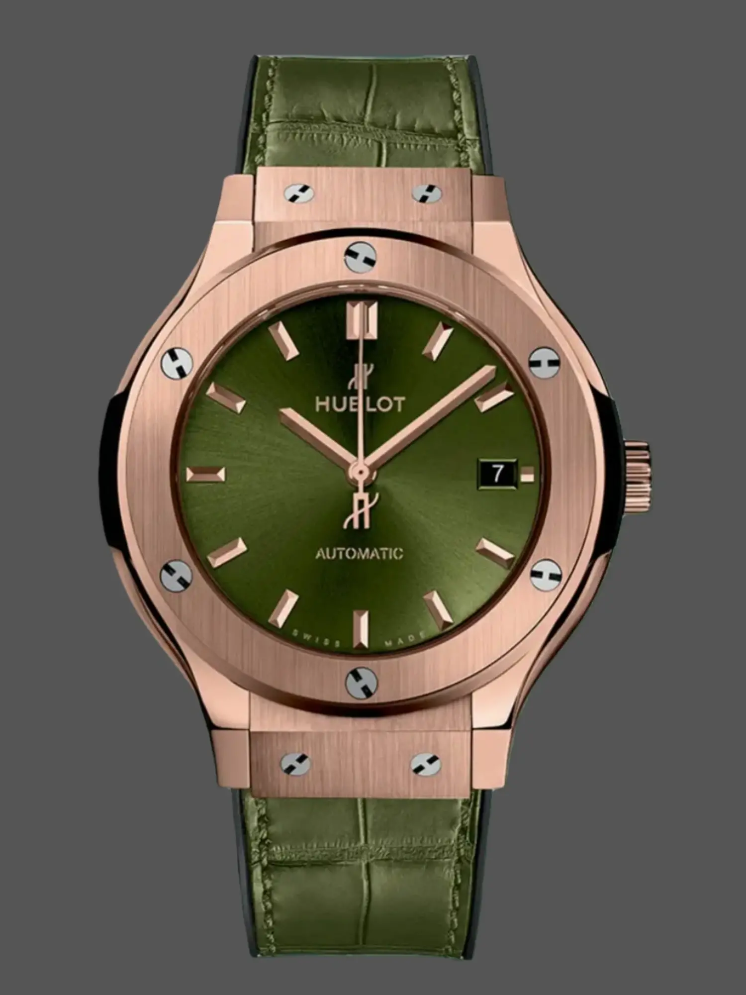 Front view of the Classic Fusion King Gold Green 38mm showing green dial and gold case.