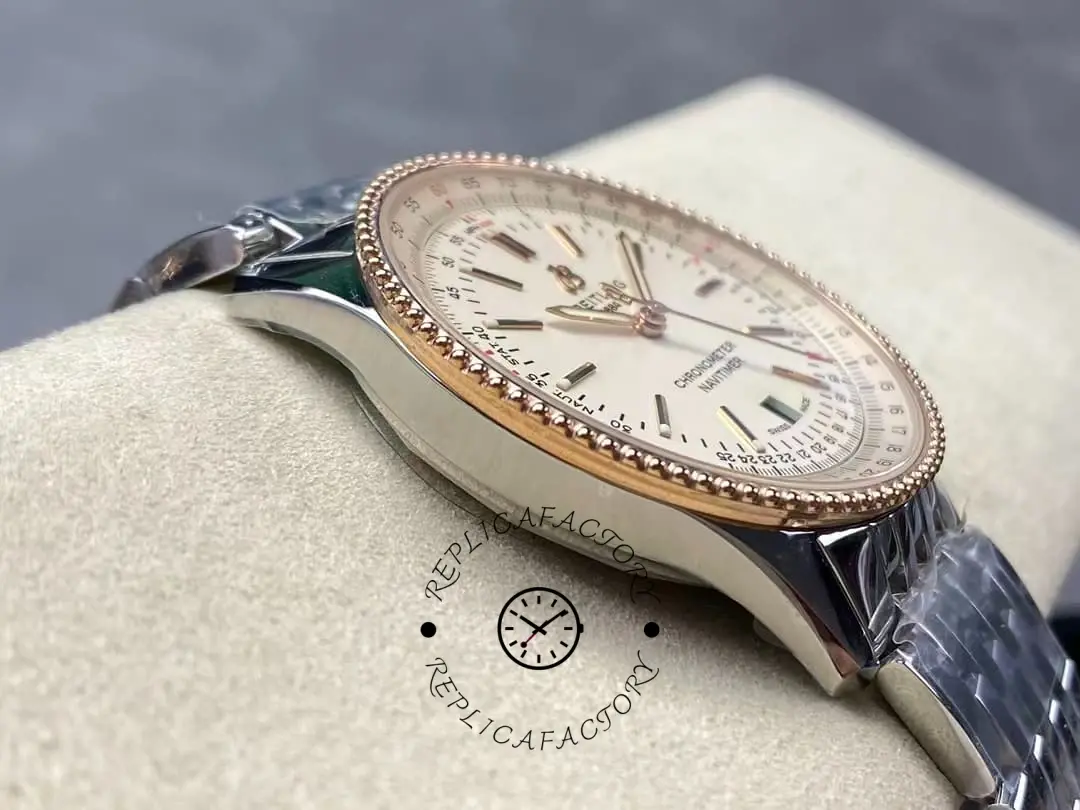 Side angle of the Breitling Navitimer 41 U17326211G1A1 highlighting the thin case and beaded bezel design.